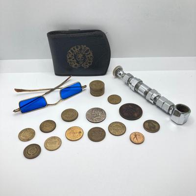 LOT 183: Easy Rider Wallet, Tokens / Coins (Skull, No Cash Value Arcade, Freemason and More), Nuts / Bolts Pipe and Blue Sunglasses