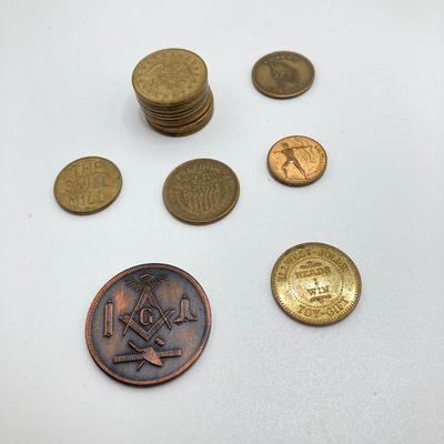 LOT 183: Easy Rider Wallet, Tokens / Coins (Skull, No Cash Value Arcade, Freemason and More), Nuts / Bolts Pipe and Blue Sunglasses