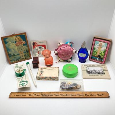 LOT 184: Vintage Collection - Celluloid Tape Measure (Camp, Le Jeune), Pin Cushion, Atlantic City Pill Holder, Perfume Bottle, Mabel...