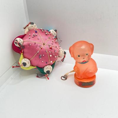 LOT 184: Vintage Collection - Celluloid Tape Measure (Camp, Le Jeune), Pin Cushion, Atlantic City Pill Holder, Perfume Bottle, Mabel...