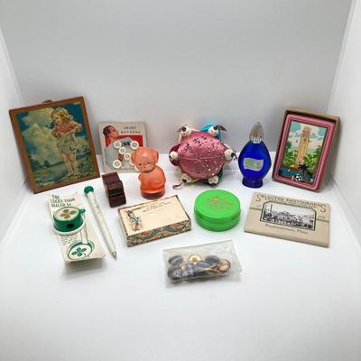 LOT 184: Vintage Collection - Celluloid Tape Measure (Camp, Le Jeune), Pin Cushion, Atlantic City Pill Holder, Perfume Bottle, Mabel...