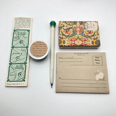 LOT 184: Vintage Collection - Celluloid Tape Measure (Camp, Le Jeune), Pin Cushion, Atlantic City Pill Holder, Perfume Bottle, Mabel...