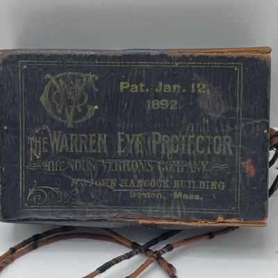 LOT 185: Antique Eye Protectors in Original Box (The Warren Eye Protector), Military Buttons, Canteen, Bakelite Handle Shoe / Button Pull...