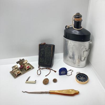 LOT 185: Antique Eye Protectors in Original Box (The Warren Eye Protector), Military Buttons, Canteen, Bakelite Handle Shoe / Button Pull...