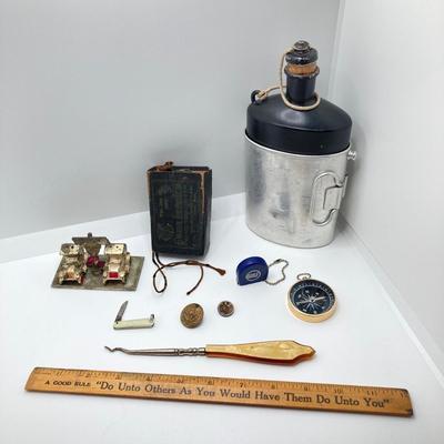 LOT 185: Antique Eye Protectors in Original Box (The Warren Eye Protector), Military Buttons, Canteen, Bakelite Handle Shoe / Button Pull...