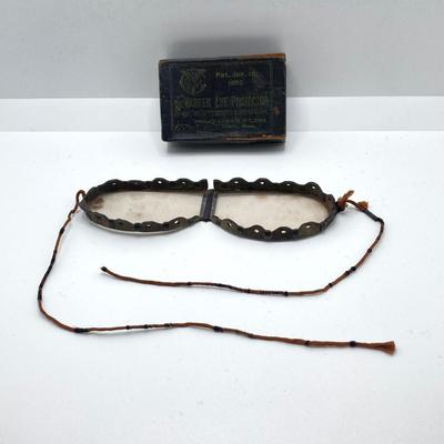 LOT 185: Antique Eye Protectors in Original Box (The Warren Eye Protector), Military Buttons, Canteen, Bakelite Handle Shoe / Button Pull...