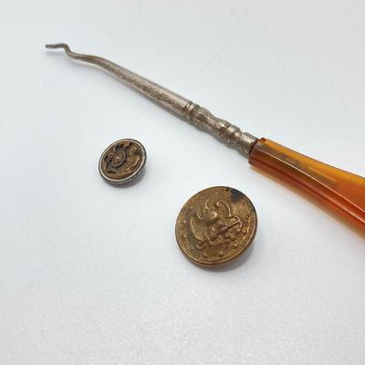 LOT 185: Antique Eye Protectors in Original Box (The Warren Eye Protector), Military Buttons, Canteen, Bakelite Handle Shoe / Button Pull...