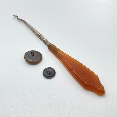 LOT 185: Antique Eye Protectors in Original Box (The Warren Eye Protector), Military Buttons, Canteen, Bakelite Handle Shoe / Button Pull...