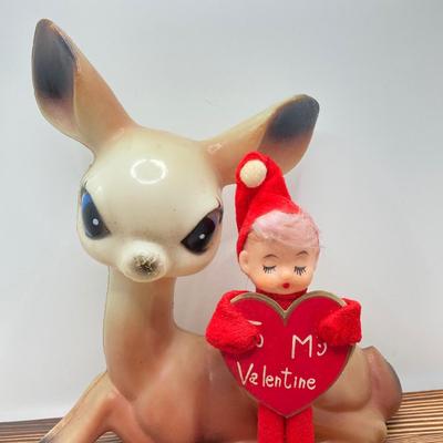 LOT 187: Vintage Blow Mold Deer, Pixie Elf To My Valentine, B. Kliban Christmas Reindeer Cat Mug by Kiln Craft with Ornaments and More