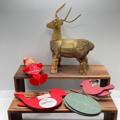 LOT 187: Vintage Blow Mold Deer, Pixie Elf To My Valentine, B. Kliban Christmas Reindeer Cat Mug by Kiln Craft with Ornaments and More