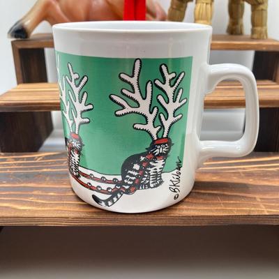 LOT 187: Vintage Blow Mold Deer, Pixie Elf To My Valentine, B. Kliban Christmas Reindeer Cat Mug by Kiln Craft with Ornaments and More