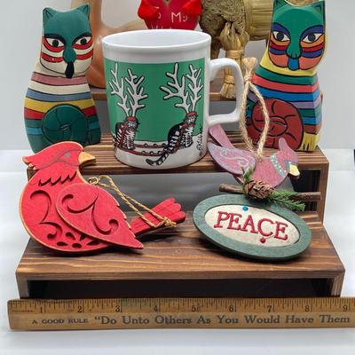 LOT 187: Vintage Blow Mold Deer, Pixie Elf To My Valentine, B. Kliban Christmas Reindeer Cat Mug by Kiln Craft with Ornaments and More
