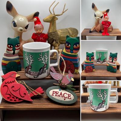 LOT 187: Vintage Blow Mold Deer, Pixie Elf To My Valentine, B. Kliban Christmas Reindeer Cat Mug by Kiln Craft with Ornaments and More