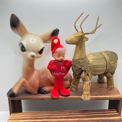 LOT 187: Vintage Blow Mold Deer, Pixie Elf To My Valentine, B. Kliban Christmas Reindeer Cat Mug by Kiln Craft with Ornaments and More