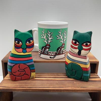 LOT 187: Vintage Blow Mold Deer, Pixie Elf To My Valentine, B. Kliban Christmas Reindeer Cat Mug by Kiln Craft with Ornaments and More