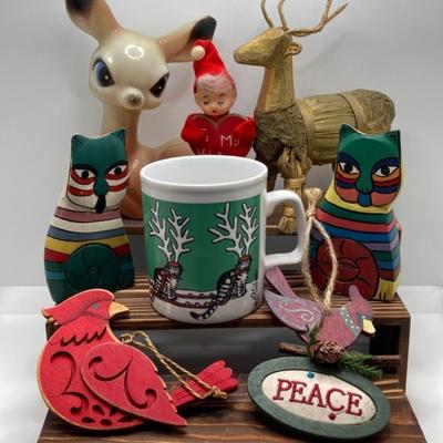 LOT 187: Vintage Blow Mold Deer, Pixie Elf To My Valentine, B. Kliban Christmas Reindeer Cat Mug by Kiln Craft with Ornaments and More