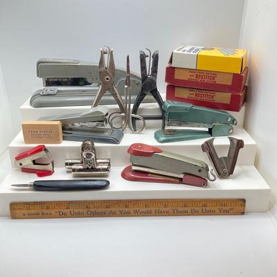 LOT 188: Vintage Office Supplies - Swingline, Arrow and Bostitch Staplers, Bernard and Gem Hole Punch Tools, Staple Removers and More