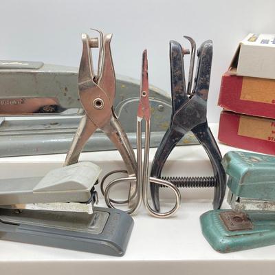 LOT 188: Vintage Office Supplies - Swingline, Arrow and Bostitch Staplers, Bernard and Gem Hole Punch Tools, Staple Removers and More