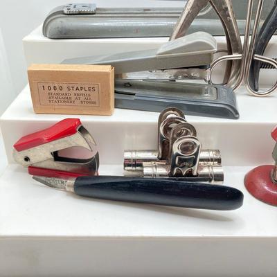 LOT 188: Vintage Office Supplies - Swingline, Arrow and Bostitch Staplers, Bernard and Gem Hole Punch Tools, Staple Removers and More