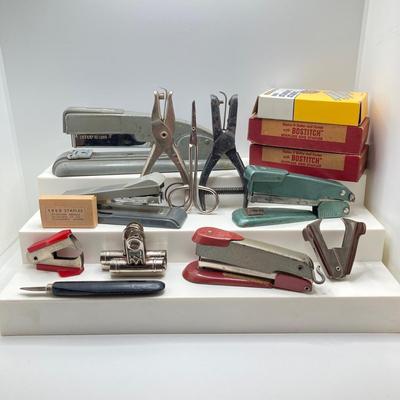 LOT 188: Vintage Office Supplies - Swingline, Arrow and Bostitch Staplers, Bernard and Gem Hole Punch Tools, Staple Removers and More
