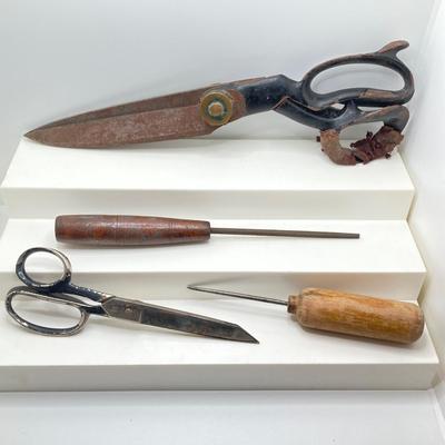 LOT 189: Antique / Vintage Tools - J. Wiss & Sons, Newark NJ USA 13.5 Inch Tailor Scissors, Hand Pick and File with Wiss Trimline...
