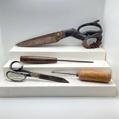 LOT 189: Antique / Vintage Tools - J. Wiss & Sons, Newark NJ USA 13.5 Inch Tailor Scissors, Hand Pick and File with Wiss Trimline...