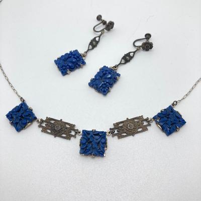 LOT 502: Vintage Sterling Jewelry - Art Deco with Carved Blue Stone Necklace and Screw Back Earrings with Heart Shaped Madonna and Child...