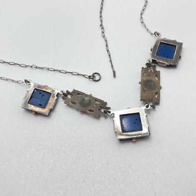 LOT 502: Vintage Sterling Jewelry - Art Deco with Carved Blue Stone Necklace and Screw Back Earrings with Heart Shaped Madonna and Child...