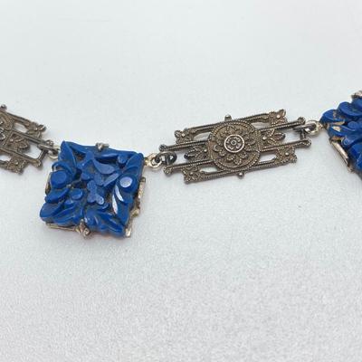 LOT 502: Vintage Sterling Jewelry - Art Deco with Carved Blue Stone Necklace and Screw Back Earrings with Heart Shaped Madonna and Child...