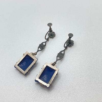 LOT 502: Vintage Sterling Jewelry - Art Deco with Carved Blue Stone Necklace and Screw Back Earrings with Heart Shaped Madonna and Child...