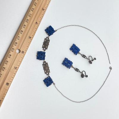 LOT 502: Vintage Sterling Jewelry - Art Deco with Carved Blue Stone Necklace and Screw Back Earrings with Heart Shaped Madonna and Child...