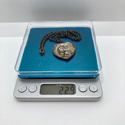 LOT 502: Vintage Sterling Jewelry - Art Deco with Carved Blue Stone Necklace and Screw Back Earrings with Heart Shaped Madonna and Child...