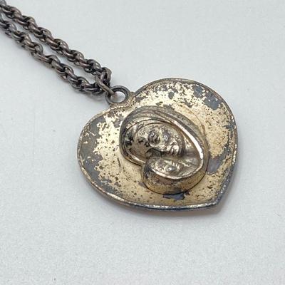 LOT 502: Vintage Sterling Jewelry - Art Deco with Carved Blue Stone Necklace and Screw Back Earrings with Heart Shaped Madonna and Child...