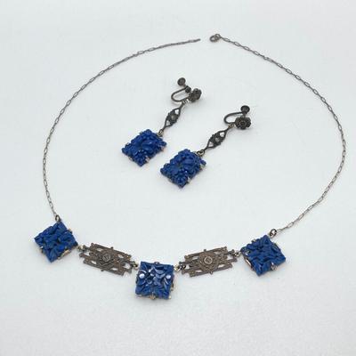 LOT 502: Vintage Sterling Jewelry - Art Deco with Carved Blue Stone Necklace and Screw Back Earrings with Heart Shaped Madonna and Child...