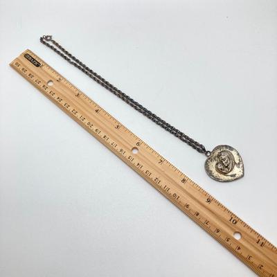 LOT 502: Vintage Sterling Jewelry - Art Deco with Carved Blue Stone Necklace and Screw Back Earrings with Heart Shaped Madonna and Child...