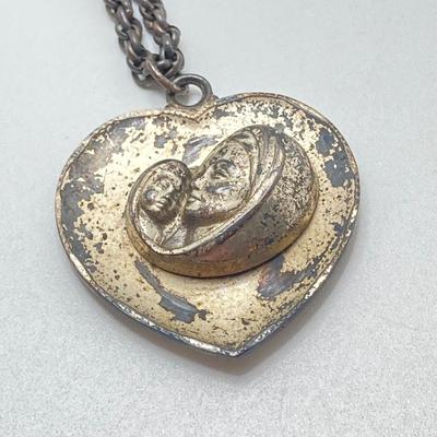 LOT 502: Vintage Sterling Jewelry - Art Deco with Carved Blue Stone Necklace and Screw Back Earrings with Heart Shaped Madonna and Child...