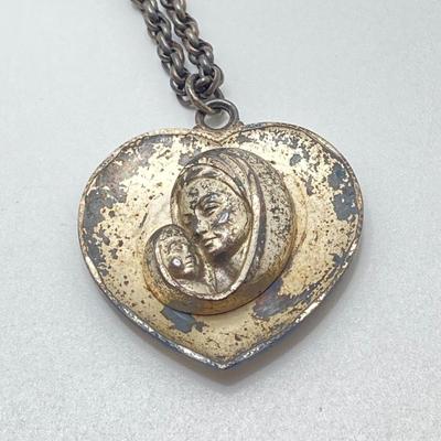 LOT 502: Vintage Sterling Jewelry - Art Deco with Carved Blue Stone Necklace and Screw Back Earrings with Heart Shaped Madonna and Child...