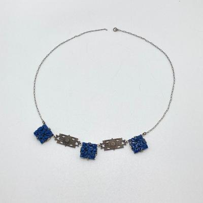 LOT 502: Vintage Sterling Jewelry - Art Deco with Carved Blue Stone Necklace and Screw Back Earrings with Heart Shaped Madonna and Child...