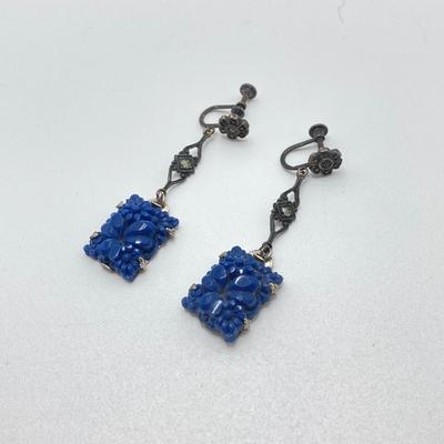 LOT 502: Vintage Sterling Jewelry - Art Deco with Carved Blue Stone Necklace and Screw Back Earrings with Heart Shaped Madonna and Child...