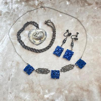 LOT 502: Vintage Sterling Jewelry - Art Deco with Carved Blue Stone Necklace and Screw Back Earrings with Heart Shaped Madonna and Child...