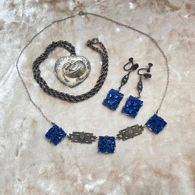 LOT 502: Vintage Sterling Jewelry - Art Deco with Carved Blue Stone Necklace and Screw Back Earrings with Heart Shaped Madonna and Child...