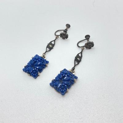 LOT 502: Vintage Sterling Jewelry - Art Deco with Carved Blue Stone Necklace and Screw Back Earrings with Heart Shaped Madonna and Child...
