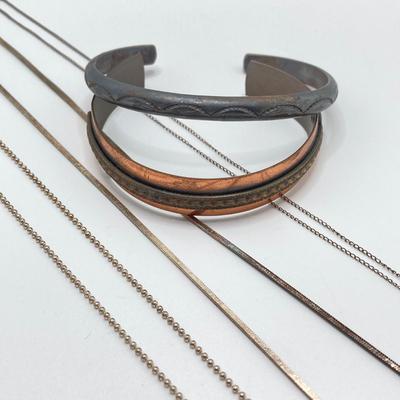 LOT 503: Sterling and Copper Jewelry - Cuff Style Bracelets and Chains for Repair