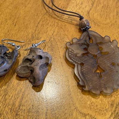 Double Dragon necklace and wood earrings