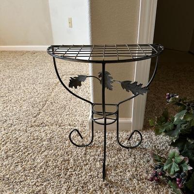 METAL HALF CIRCLE TABLE, WASH BOWL & PITCHER PLUS A FAUX PLANT