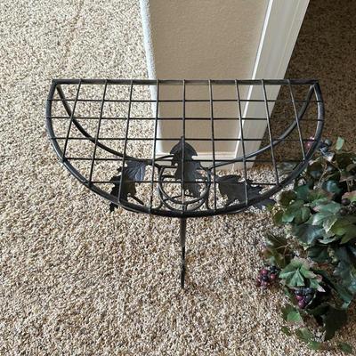 METAL HALF CIRCLE TABLE, WASH BOWL & PITCHER PLUS A FAUX PLANT