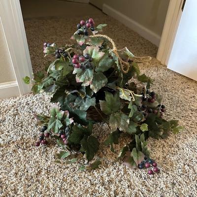 METAL HALF CIRCLE TABLE, WASH BOWL & PITCHER PLUS A FAUX PLANT