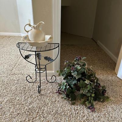 METAL HALF CIRCLE TABLE, WASH BOWL & PITCHER PLUS A FAUX PLANT