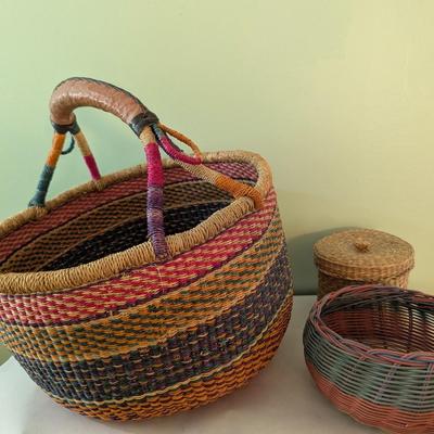 African Market Basket Woven & 2 Wicker Baskets