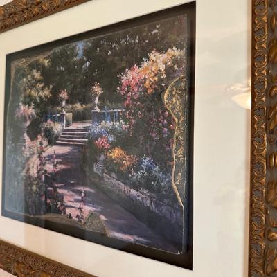 FRAMED GARDEN SCENE PICTURE AND 2 FRAMED FLORAL PICTURES